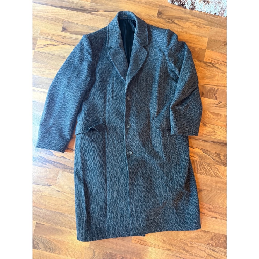 London Fog Herringbone Wool Overcoat Mens‎ 44 Reg Grey Fair Vintage Made in USA